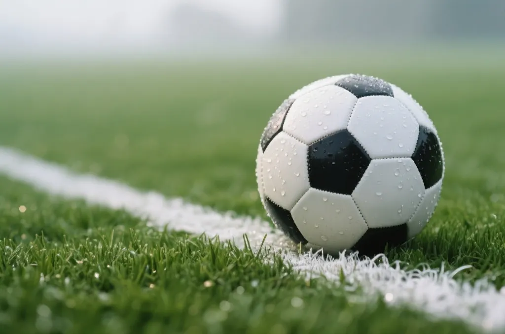 A close-up photo of a classic soccer ball sitting on the white chalk line of a soccer pitch